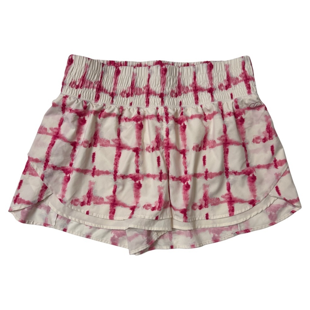 {CALIA} "Step Up High Rise Petal Hem Shorts" Pink White Abstract Print Running